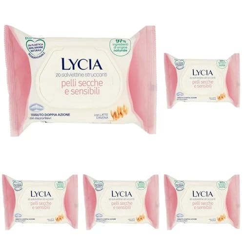 Offerta a tempo: Lycia - Salviette Struccanti per Pelli Secche e Sensibili, Salviette Struccanti per Viso e Occhi, con Latte D'Avena, in tessuto 100% naturale, 20 pezzi (Confezione da 5) - 46% da 9.90 € a 5.30 €