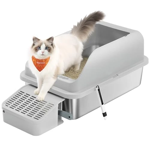 Feandrea Kuweta dla kota ze stali nierdzewnej, otwarta konstrukcja, z wysokimi bokami, stopniem, łopatką i szczotką, dla kotów o wadze do 15 kg, w kolorze gołębiej szarości PPT008GD01