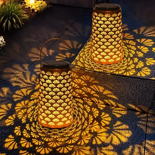 OUSFOT Solar Lantern Outdoor Garden 2 Pieces, Two Lighting Modes Outdoor Solar Lamp to Stand, Waterproof Solar Hanging for Patio, Terrace, Party, Festive Oriental Home Decoration