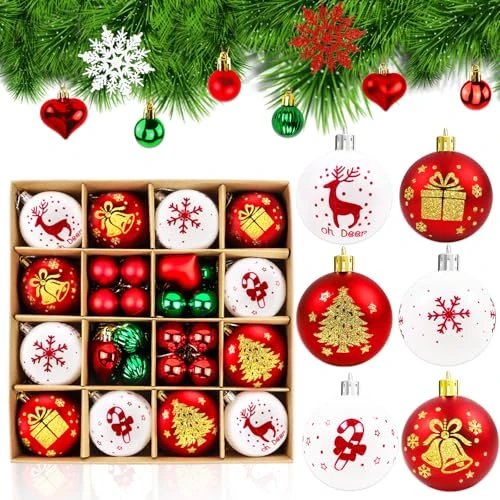 Limited-time offer: 46pcs Christmas Baubles, Ø 3-6cm Shatterproof Christmas Tree Ornaments Balls, Red & White & Green Baubles Set, Xmas Tree Decorations for Indoor Outdoor from 15.99 GBP to 8.99 GBP (save 44%)