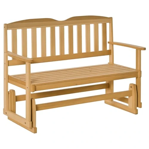 Outsunny Banc de jardin à bascule de 2 places avec accoudoirs, banc d'extérieur en bois de sapin 132 x 51 x 95,5 cm, couleur bois