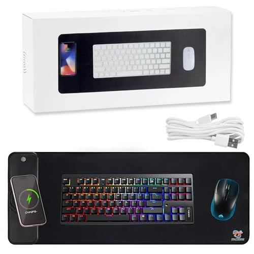 Muismat XXL 80 x 30 cm met draadloos opladen 15 W – antislip en waterdichte bureau-pad, ultraglijdend oppervlak en versterkte naden – bureauonderlegger met rubberen basis voor thuis en op kantoor