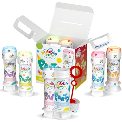 Offerta a tempo: Bubble World - Party Bubbles Pack - Bolle di Sapone Bambini - Confezione da 6 pz da 60 ml - Tubetti bianchi con soffiatore rosso integrato - Gadget compleanno - Made in Italy - 0.00% da 11.99 € a 11.99 €