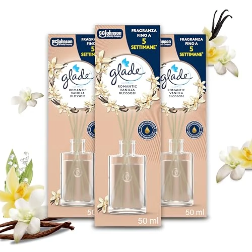 Glade Diffuser mit Stäbchen, Raumduft mit ätherischen Ölen, Duft Romantic Vanilla Blossom, Packung mit 3 Diffusoren à 50 ml