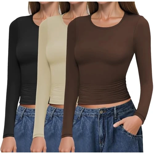 Limited-time offer: Ekouaer Womens 3 Pack Long Sleeve Tops Thermal Tops Round Neck Slim Fitted Warm Baselayer Shirts Ladies Thermal Vests, Black + Brown + Beige, L from 26.99 GBP to 26.99 GBP (save 0%)