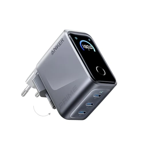 Offerta a tempo: Anker Prime Caricatore USB C 160 W, Blocco Ricarica Compatto USB-C GaN a 3 Porte, Display Smart e Controllo Tattile, Ricaricamrapida da 140W su Ogni Porta per Laptop, MacBook, iPad, iPhone 17/16/15 - 23% da 129.99 € a 99.99 €