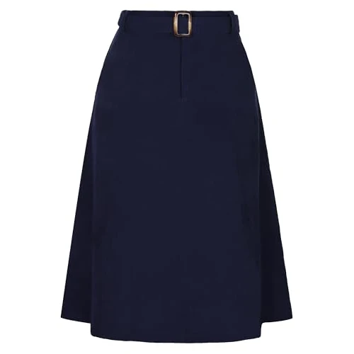 Offerta a tempo: Allegra K Gonna midi da donna a vita alta con elastico sul retro a trapezio e cintura in velluto a coste con tasche, blu navy, S - 0.00% da 41.97 € a 41.97 €
