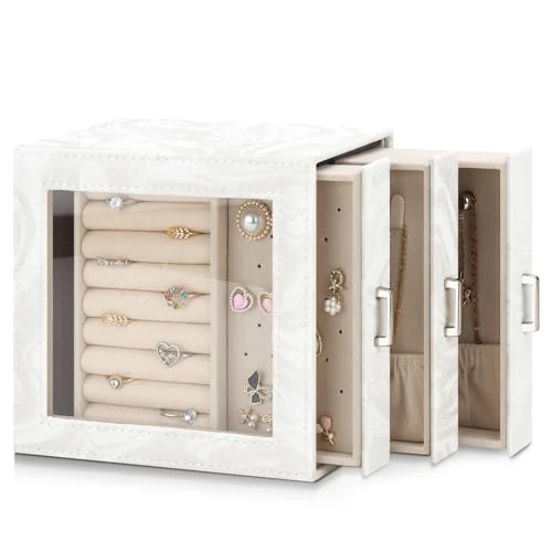 Tijdelijke aanbieding: DesignSter Sieradendoos organizer, sieradendoos voor vrouwen, PU sieradenorganisator, vitrine met zijladen, sieradenopslag voor oorbellen, ketting, ring, armband, horloge, wit van 22.99 EUR naar 22.99 EUR (korting 0%)