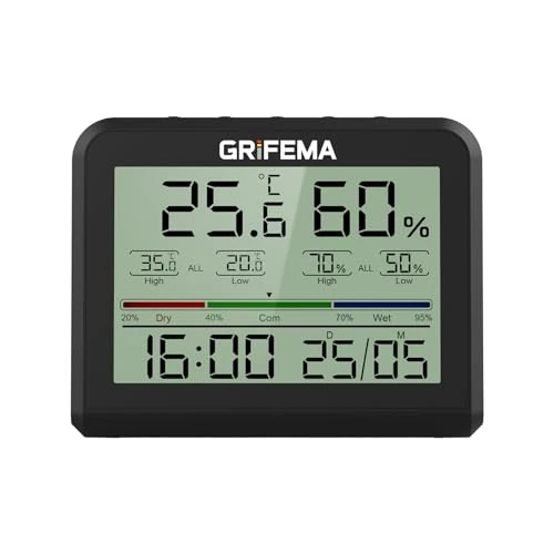 GRIFEMA GA2901B Digitale thermometer voor binnen, hygrometer, digitale vochtmeter met achtergrondverlichting, max/min-opname, klok/datum, ideaal voor thuis/broeikas, zwart