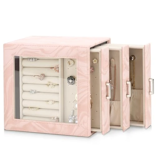 Offre limitee: DesignSter Boîte à bijoux pour femme, Coffret à Bijoux en PU avec tiroirs latéraux, Rangement Bijoux pour boucles d'oreilles, colliers, bagues, bracelets, montres, Rose de 26.99 EUR a 21.59 EUR (economie 20%)