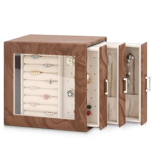 DesignSter Sieradendoos organizer, sieradendoos voor vrouwen, PU sieradenorganisator, vitrine met zijladen, sieradenopslag voor oorbellen, ketting, ring, armband, horloge, bruin