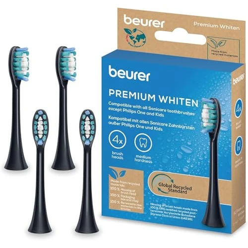 Beurer SC Premium Whiten cabezales de cepillo para cepillos de dientes sónicos eléctricos,4 cabezales de repuesto para SC 30,50 y Philips Sonicare,cerdas indicadoras elevadas en el centro,dureza media