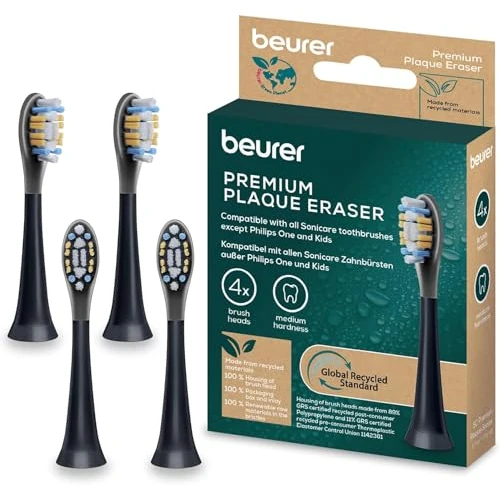 Beurer SC Plaque Eraser Electric Toothbrush Heads, 4 Replacement Brushes for Philips Sonicare Sonic Toothbrushes, Optimized Bristle Vibration, Medium Hardness