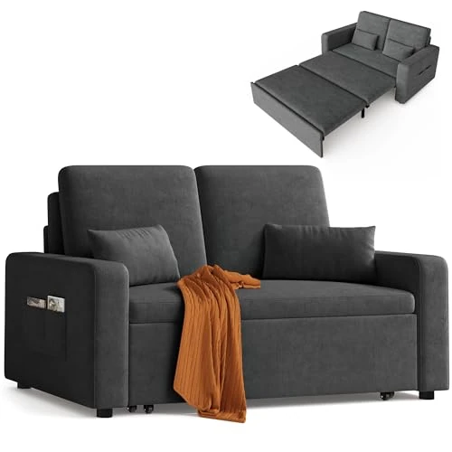 Xbro Sofa mit Schlaffunktion 147x196x87 cm, Schlafsofa 2-Sitzer Ausziehbar mit 4 Rollen, Modernes Veloursstoff Sofabett, Dunkelgrau