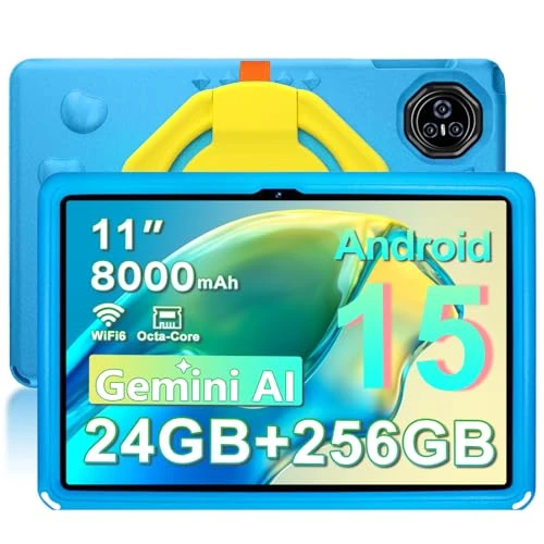 Biegedy Tablet dziecięcy 11 cali z systemem Android 15, 24 GB RAM+256 GB ROM (1TB TF), tablety Octa-Core 2,0 GHz, 2,4 G + 5G Wi-Fi, 8000 mAh, Bluetooth5.0, 13MP+5MP, Widevine L1, GPS, z Funda EVA Blue