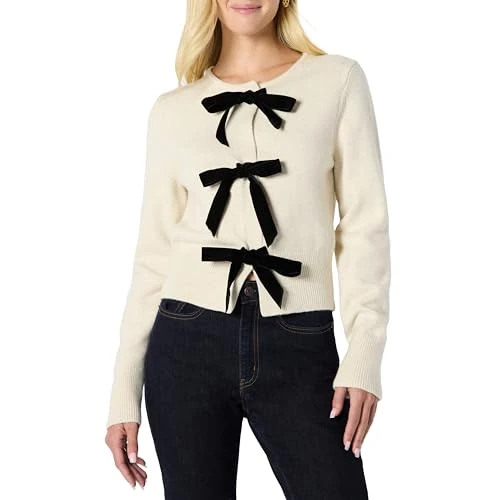 Offerta a tempo: Amazon Essentials Cardigan con Fiocchi Misto Cotone, Vestibilità Regular Donna, Avena Puntinato, L - 0.00% da 17.15 € a 17.15 €
