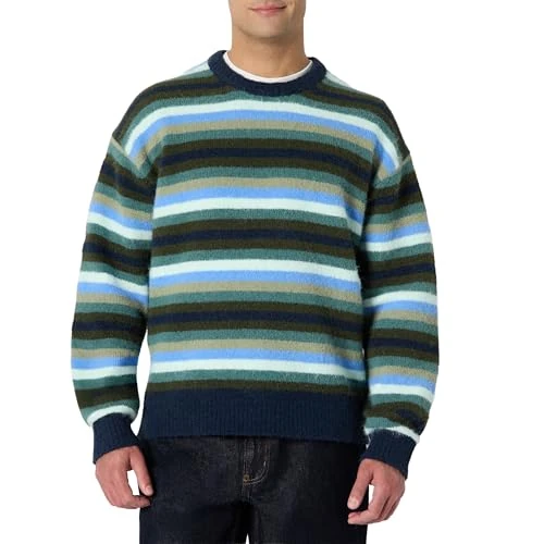 Amazon Essentials (Sélection de Demi) Pull à Col Rond en Imitation Mohair, Coupe Décontractée Homme, Bleu Marine Bleu Tricot À Rayures, L