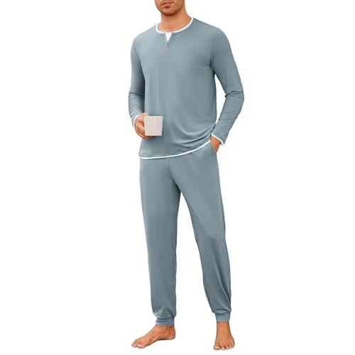 Jahetuul Mens Pyjamas Set Long Sleeve Crew Neck Top & Cuffed Pants With Pockets Soft Cotton Loungewear Sets for Home Casual Light Blue