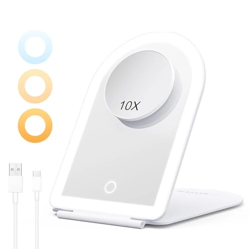 BESTOPE PRO Espejo Maquillaje con Luz Recargable, 10X Aumento, 3 Colores Luminosidad Regulable, Control Táctil y Función Memoria, Espejo Plegable para Viajes y Tocador, Blanco