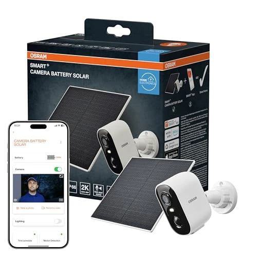 Offerta a tempo: OSRAM Telecamera solare per esterni SMART+ WiFi, 4 MP 2K IP66, batteria da 5200 mAh, sensore PIR, 6 mesi, compatibile con Alexa, bianco - 53% da 109.95 € a 52.06 €
