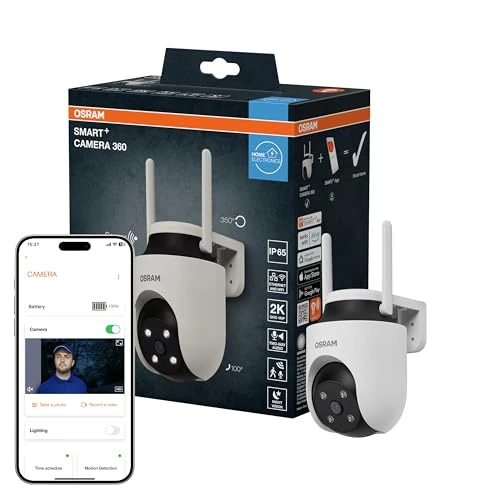 Offerta a tempo: OSRAM Telecamera da esterno SMART+ WiFi 360° 4MP 2K IP65, pan-tilt, visione notturna 10m, compatibile con Alexa, da esterno, bianca - 35% da 89.95 € a 58.22 €