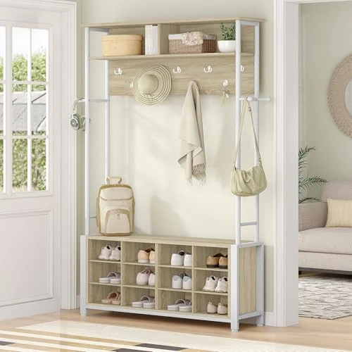 Offerta a tempo: Hzuaneri Appendiabiti Ingresso con Panca Scarpiera, 12 Scomparti per Scarpe, 13 Ganci Attaccapanni, 32 x 106 x 185 cm, Industriale, per Corridoio, Ingressom, Greige HT17916W - 0.00% da 89.99 € a 89.99 €