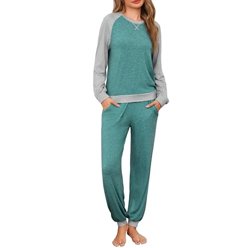 Limited offer: Leversic Pyjamas for Women Raglan Sleeves Winter Long Pyjama Set Color Blocking Lightweight Nightwear Pjs Top and Sleep Bottoms With Pockets from 14.96 EUR to 11.97 EUR (save 20%)