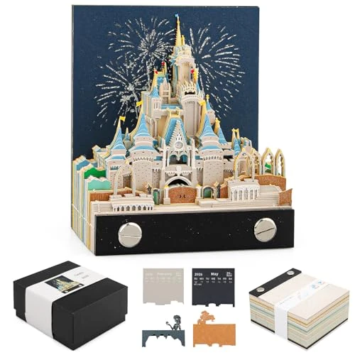 2026 3D Tear Off Calendario de Mesa Castle, 3D Castle Creative Notas de Bricolaje, Bloc Notas 3D con Luz, Calendario Semanal 3D Bloc Notas, Escultura de Papel Creativa