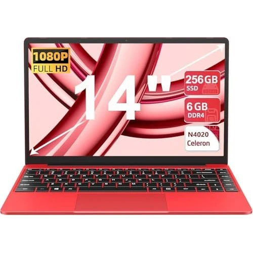 Laptop Win11 Pro Notebook 14 Zoll 6 + 256 GB SSD Expansion 1 TB, 5000 mAh Laptop Celeron N4020 bis zu 2,8 GHz, 5G WiFi BT4.2 Unterstützung Wireless Maus & Tastaturschutz - Rot