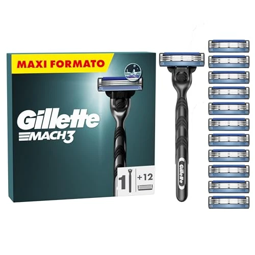 Gillette Mach3 standardowa golarka dla mężczyzn UEFA Champions League Special Edition, 1 golarka, 12 zapasowych ostrzy, z paskami ślizgowymi i powłoką ostrza, w zestawie z nakładką ochronną podróżną
