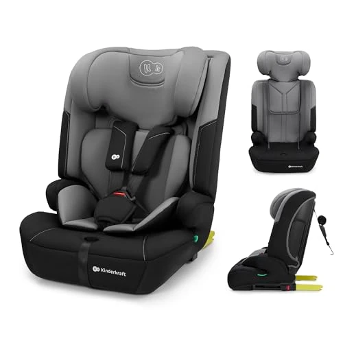 Kinderkraft SAFETY FIX 3 PRO 76-150 cm Kindersitz 9-36 kg, Kinderautositze mit isofix, Einstellung der Kopfstütze und Rückenlehne, extra TOP TETHER, 5 punkt gurte, Grau