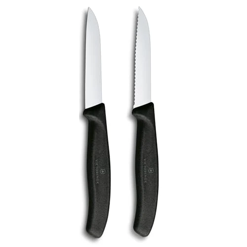 Set di coltelli Victorinox Swiss Classic per verdure e spelucchini, 2 pezzi, lama dritta e seghettata, extra affilata, 8 cm, Nero