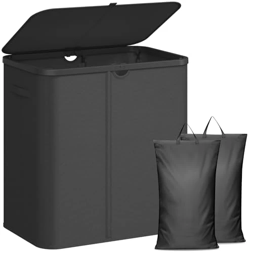 Offerta a tempo: Lifewit Cesto Biancheria Sporca 2 Scomparti, Cesta Panni Sporchi con Sacchi Lavabili, Cesto Portabiancheria, Laundry Basket per Bagno, Camera da Letto e Lavanderia, 145 L, Nero - 21% da 37.99 € a 29.99 €