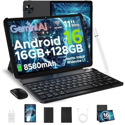 DOOGEE U11 Android 16 Tablet 11 Zoll, 16 GB + 128 GB/2 TB TF Tablet mit Tastatur, 90 Hz, 8580 mAh, 7,9 mm Thin, Unisoc T7200 Octa Core/13 MP/Widevine L1/Face ID, Tablets mit Stift & Maus & Case