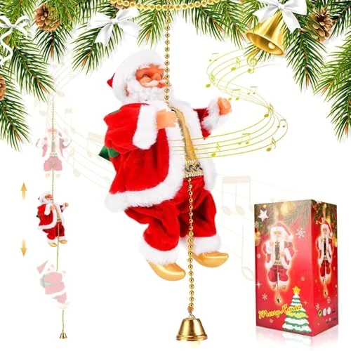 Auniq Climbing Rope Santa Claus with Music, Christmas Electric Santa Claus Decorations Climbing Santa Toy Hanging Christmas Doll Decor Xmas Figurine Ornament Indoor Outdoor Decoration for Party Tree