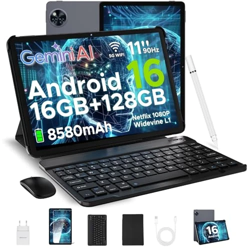 DOOGEE U11 Android 16 Tablet 11 Zoll, 16 GB + 128 GB/2 TB TF Tablet mit Tastatur, 90 Hz, 8580 mAh, 7,9 mm Thin, Unisoc T7200 Octa Core/13 MP/Widevine L1/Face ID, Tablets mit Stift & Maus & Case - Grau