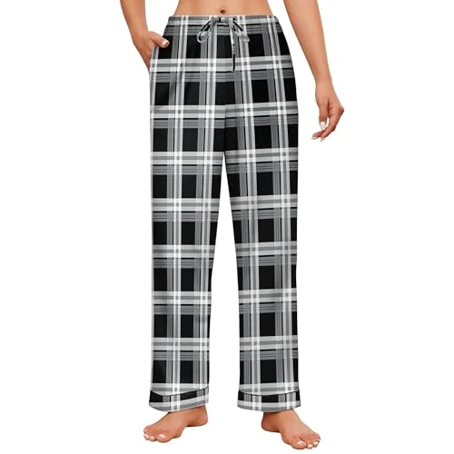 Ekouaer Pyjamabroek voor dames, winter, lange broek, pyjama met zakken, elegante broek, trainingspak voor thuis, zacht, S-XXL, Zwarte afbeeldingen, M