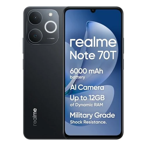 realme Note 70T 4G Smartphone, 4+128GB, 6000mAh Massive Battery, 7.94 mm Ultra Slim, T7250 Octa-Core Chipset, Up to 4+8GB Dynamic RAM, Next AI, Charger Not Included, Black