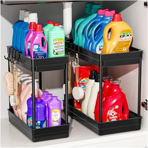 PurKeep Kitchen Organiser Kitchen Cabinet Organiser - 2 Pieces 2 Tier Kitchen Storage Under the Sink, Under Cabinet Organiser with Hooks, for Bathroom, Kitchen, Worktop, Black