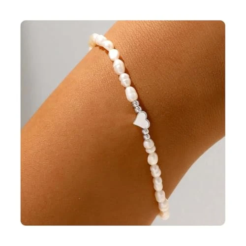 GXGM Bracelet pour femme avec perles dorées avec pendentif en forme de cœur, lien cubain plaqué or, élégant bijou de tous les jours comme