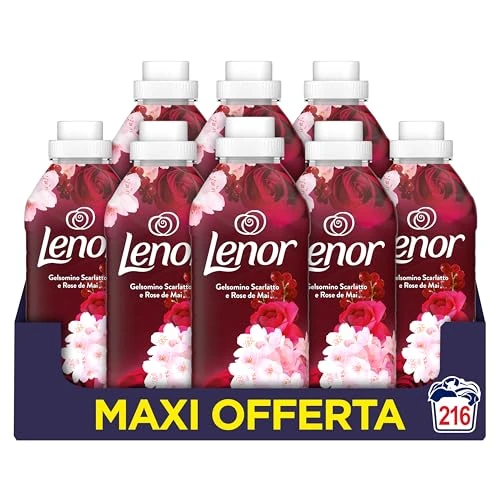 Offerta a tempo: Lenor Ammorbidente Lavatrice Concentrato 216 Lavaggi (27x8), Gelsomino Scarlatto E Rose De Mai, Freschezza Che Dura 3 Volte Più A Lungo Con Tecnologia Olii Profumati - 51% da 32.91 € a 15.99 €