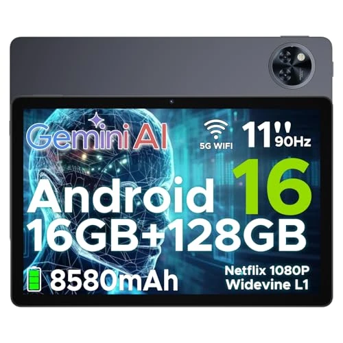 DOOGEE U11 Tablet Android 16, Tablet 11 Pollici, 16GB RAM + 128GB ROM/2TB TF, 8580Amh, 7.9mm Thin, T7200 Octa-core, 90Hz 13MP, Gemini AI, Support Face Unlock/GPS/Grigio