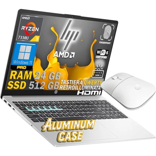 HP 255 G10 Notebook Silver Cover Aluminium SLIM, AMD Ryzen 3 7330, RAM 24 GB, SSD Nvme 512 GB, Full HD 15.6, Tastatur mit Hintergrundbeleuchtung, Fingerprint, Wi-Fi 6, Win 11 Pro, passende Maus aus