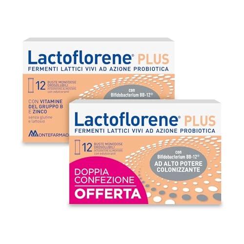 Offerta a tempo: Lactoflorene Plus, Fermenti Lattici Probiotici, Senza Glutine Senza Lattosio - Integratori Adulti con Probiotici, Zinco, Vitamina B per Equilibrio Flora Intestinale (Offerta 2 Pack 12+12 Bustine) - 36% da 17.80 € a 11.40 €
