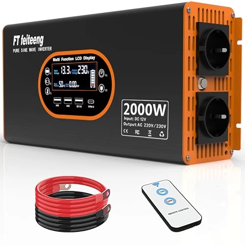 Offerta a tempo: 2000W inverter 12v 220v onda pura - trasformatore 12v di tensione Display LCD con 2 prese UE e 3 porte USB e una porta di tipo C，presa con telecomando per camper, auto e campeggio - 0.00% da 169.99 € a 169.99 €