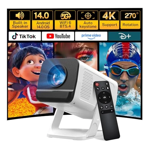 Offerta a tempo: [App Integrate & Android 14] Mini Proiettore con WiFi 6 5G e Bluetooth 5.4, Supporto 4K 1080P Full HD, Correzione Trapezoidale Automatica, Proiettore Portatile Ruotabile di 270°, LYNCAST - 35% da 69.99 € a 45.43 €