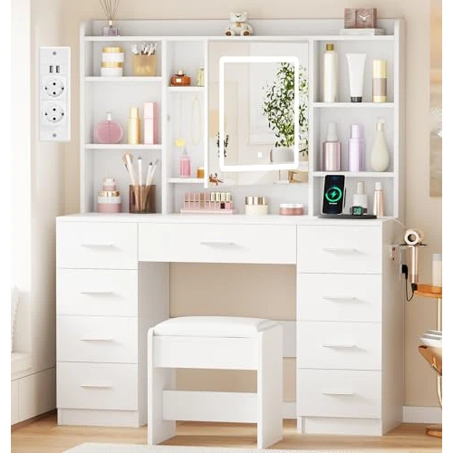 BEWISHOME Grande Toletta da Trucco con Specchio e Luci, Luminosità Regolabile, Toeletta Trucco con Sgabello, Presa, 9 Cassetti e 5 Ripiani Aperti per Camera da Letto, Bianco Postazione Trucco EFST36W