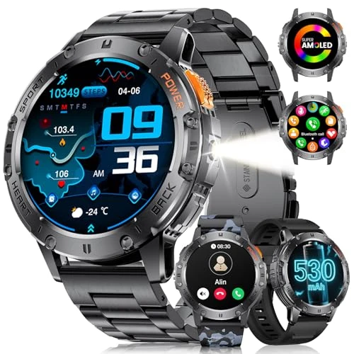 LIGE Men's Smart Watch (3 Bracelets) – Bluetooth/LED Call Lamp, 1.43 Inch AMOLED Screen, IP68 Waterproof, 100+ Sports Modes, Outdoor Smart Watch for iOS and Android, Black/Camouflage Steel