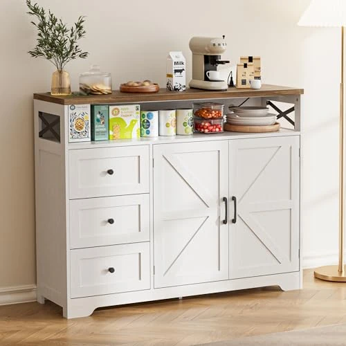 Offerta a tempo: BonVache Credenza, credenza con cassetti, credenza con scaffali aperti, per cucina, sala da pranzo, soggiorno, 120 x 35 x 95 cm, colore bianco - 11% da 179.99 € a 159.99 €