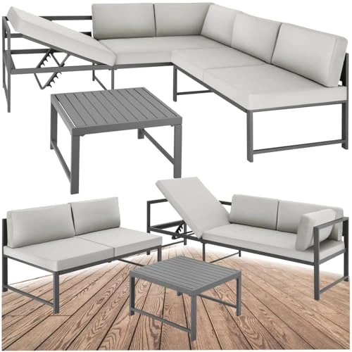 tectake® Set da Giardino, 2 Divani con Morbidi Cuscini, 1 Tavolino Salotto, Salotto da Giardino Esterno, Telaio in Alluminio, Arredo Giardino per Esterno, Set Giardino Esterno Design Moderno - Grigio